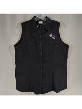 Harley Davidson Womens XL 110th Anniversary Black Sleeveless Snap Shirt Vest Top